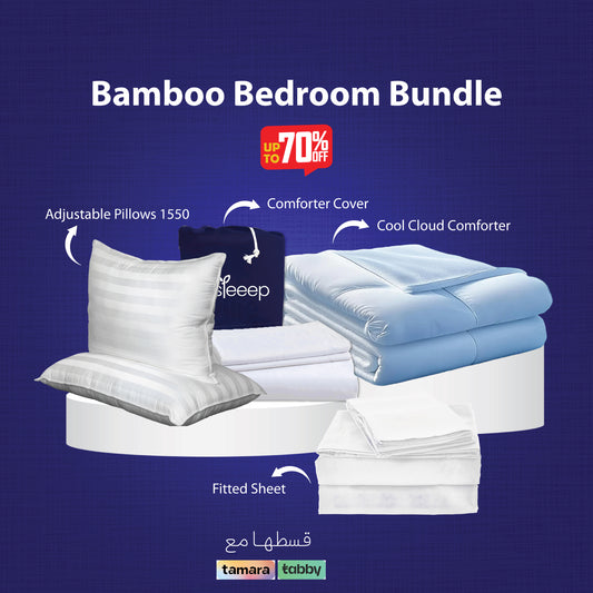 Bamboo Bedroom Bundle with adjustable pillows, comforter cover, and fitted sheet. Up to 70% off offer shown.