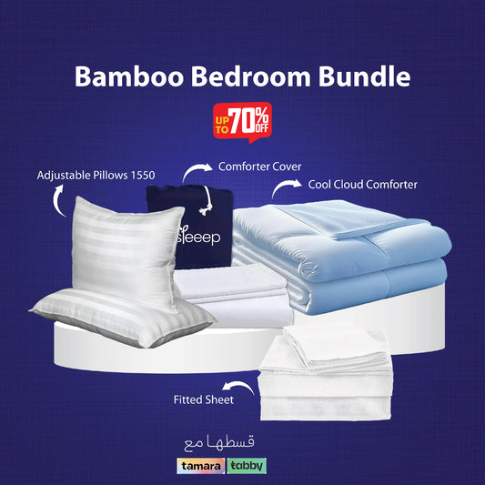 Bamboo Bedroom Bundle with adjustable pillows, comforter cover, and fitted sheet. Up to 70% off offer shown.
