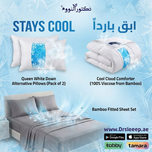 Bamboo Fitted Sheet Set - Down Alternative Pillow Queen White (Pack of 2 Pillows) - Cool Cloud Comforter 100% Viscose Derived from Bamboo - stays cool | ابقَ بارداً - DrSleeep UAE