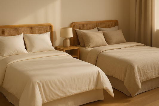 "Bedroom with two beds, one with bamboo bedding and the other with linen sheets, styled in soft neutral tones and natural light."