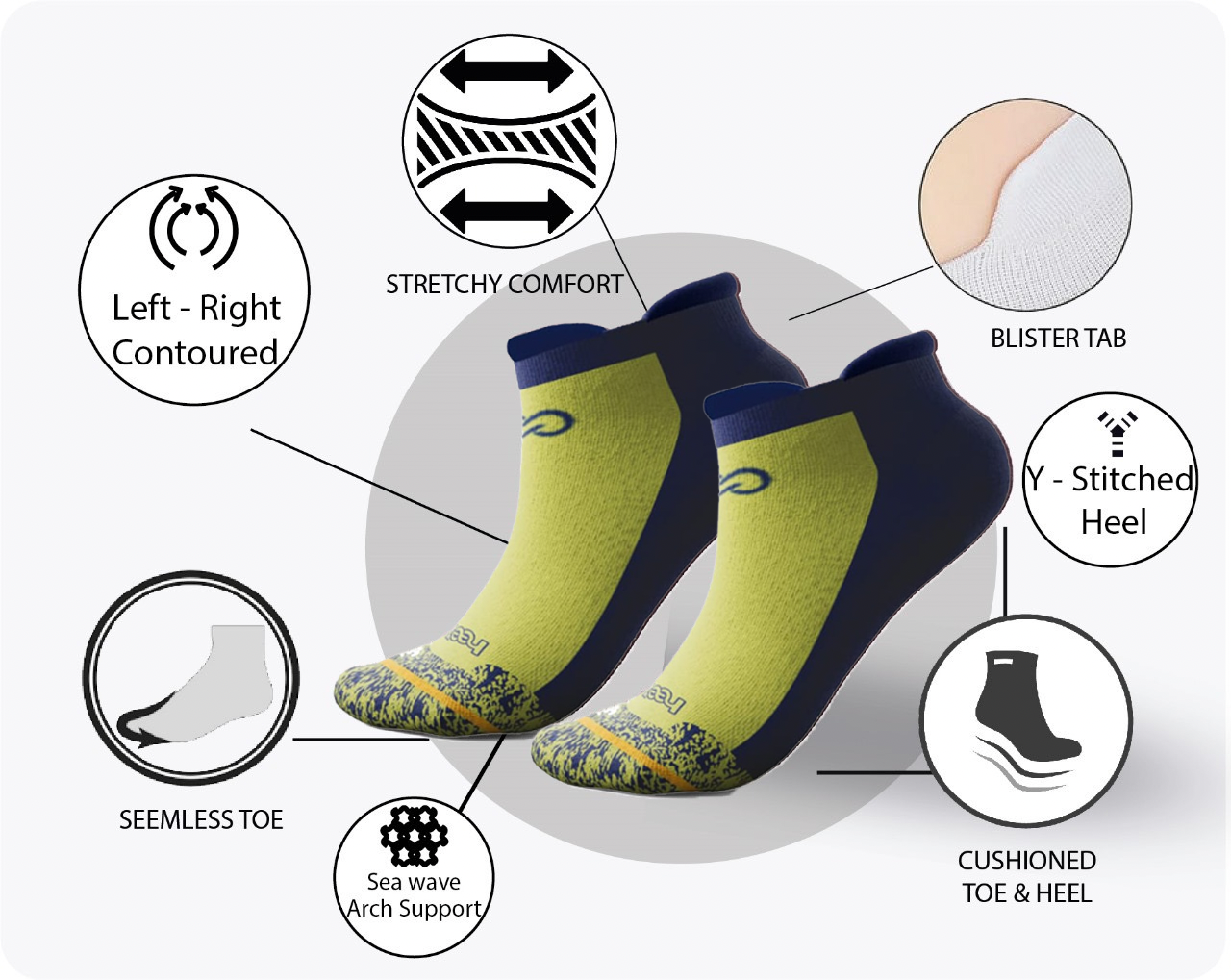 1 Pair 🌿 Bamboo Ankle Socks for Men & Women - Yellow with Elegant Navy Heel - Large/Extra Large - L/XL - DrSleeep.ae