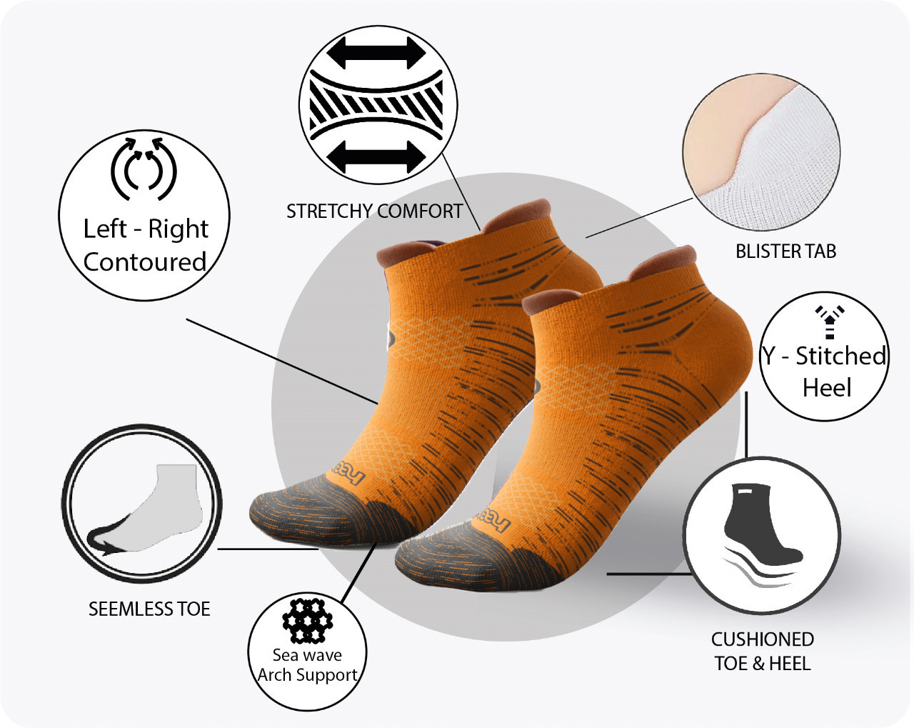 1 Pair 🌿 Bamboo Ankle Socks for Men & Women - Orange with Elegant Gray Heel - Large/Extra Large - L/XL - DrSleeep.ae
