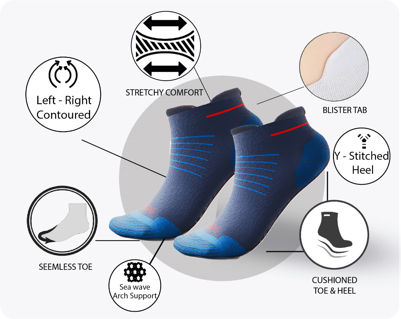 1 Pair 🌿 Bamboo Ankle Socks for Men & Women - Navy with Elegant Red Stripe - Large/Extra Large - L/XL - DrSleeep.ae