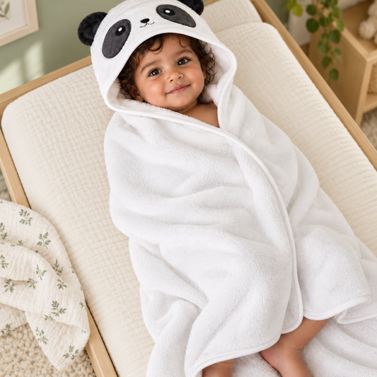 DrSleeep white Panda Toddler Towel — Toddler in panda towel at nursery