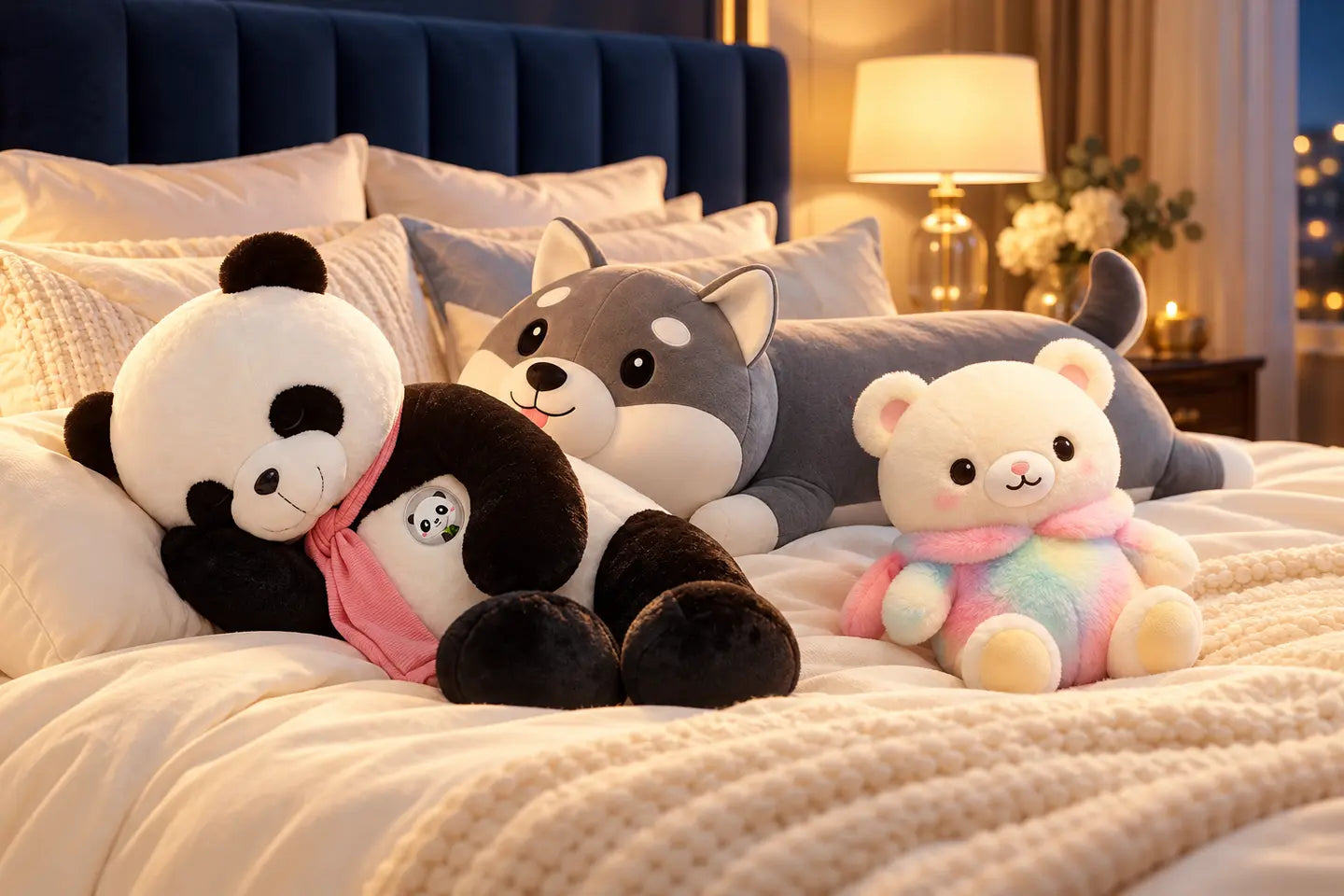 Panda, Husky and Bebo sleep companions on a cosy bed